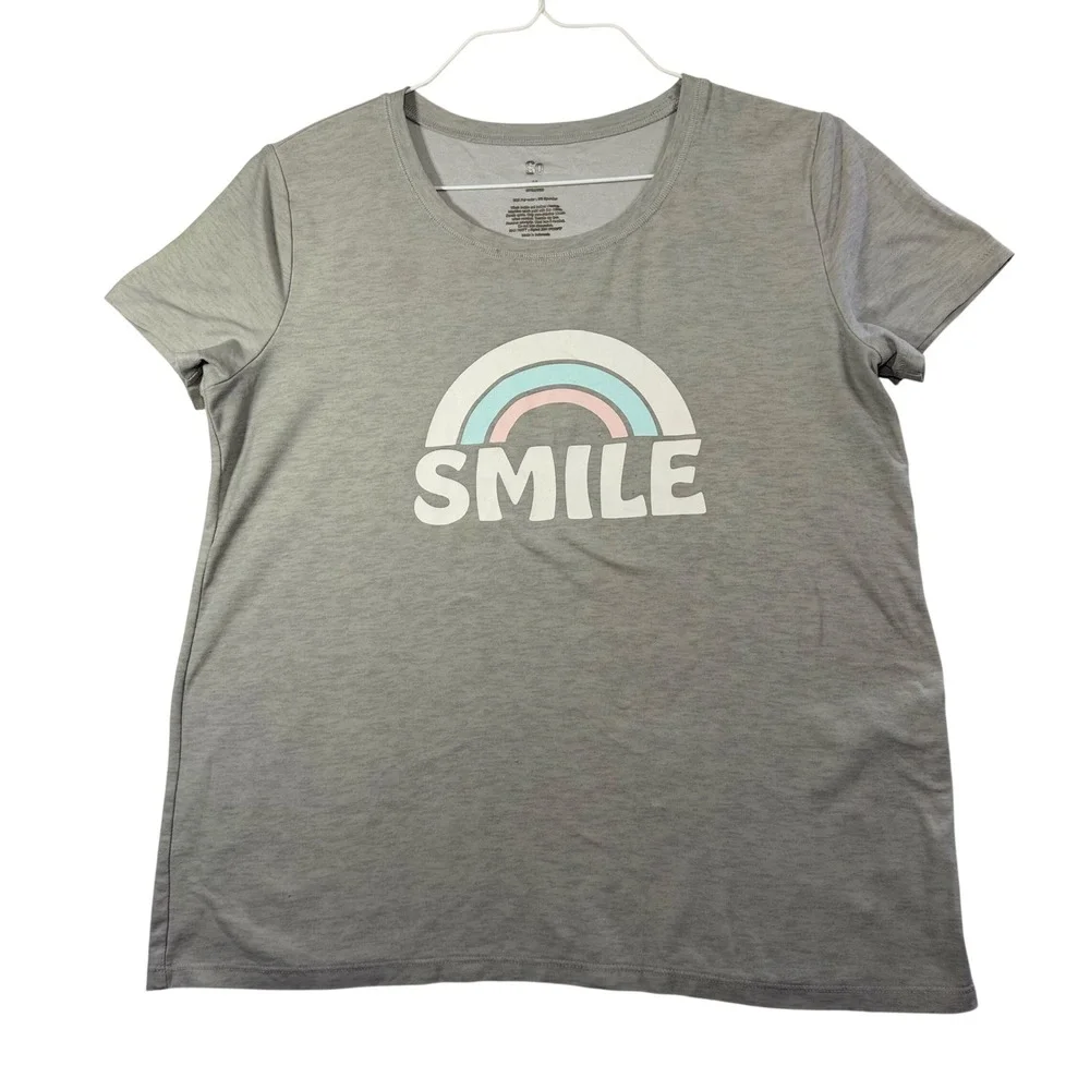 Womens Gray Rainbow Smile Pajama Top Short Sleeve Sleep Shirt Med